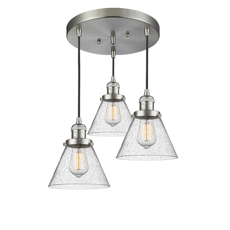 Cone Multi-Pendant shown in the Brushed Satin Nickel finish with a Seedy shade