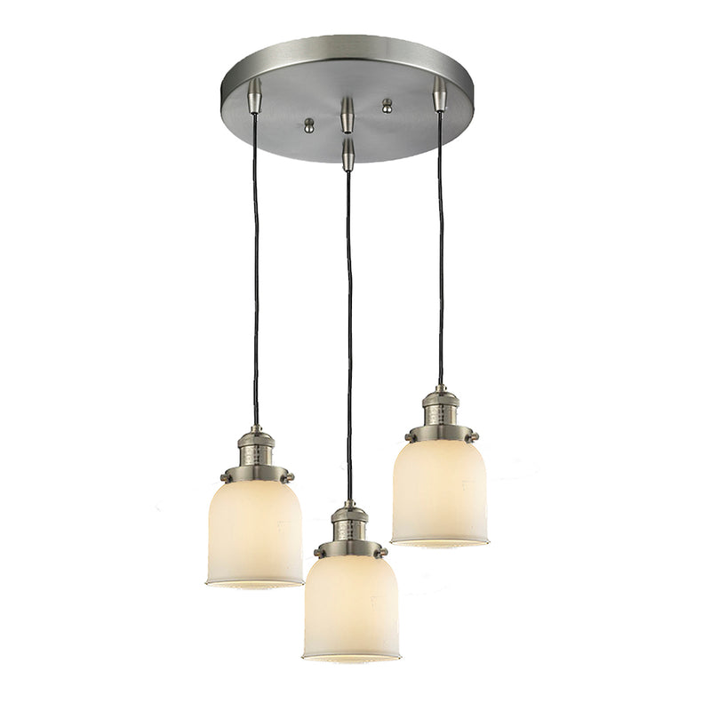 Bell Multi-Pendant shown in the Brushed Satin Nickel finish with a Matte White shade