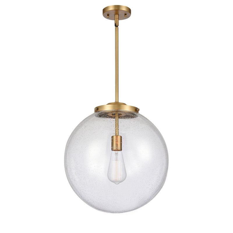 Beacon Pendant shown in the Brushed Brass finish with a Seedy shade