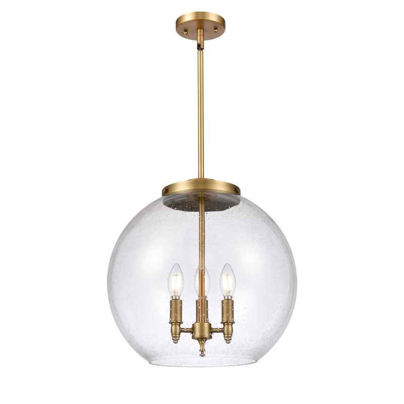 Athens Pendant shown in the Brushed Brass finish with a Seedy shade