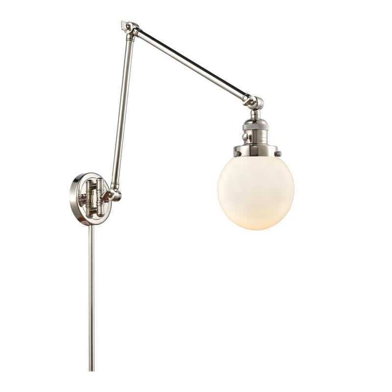 Beacon Swing Arm shown in the Polished Nickel finish with a Matte White shade