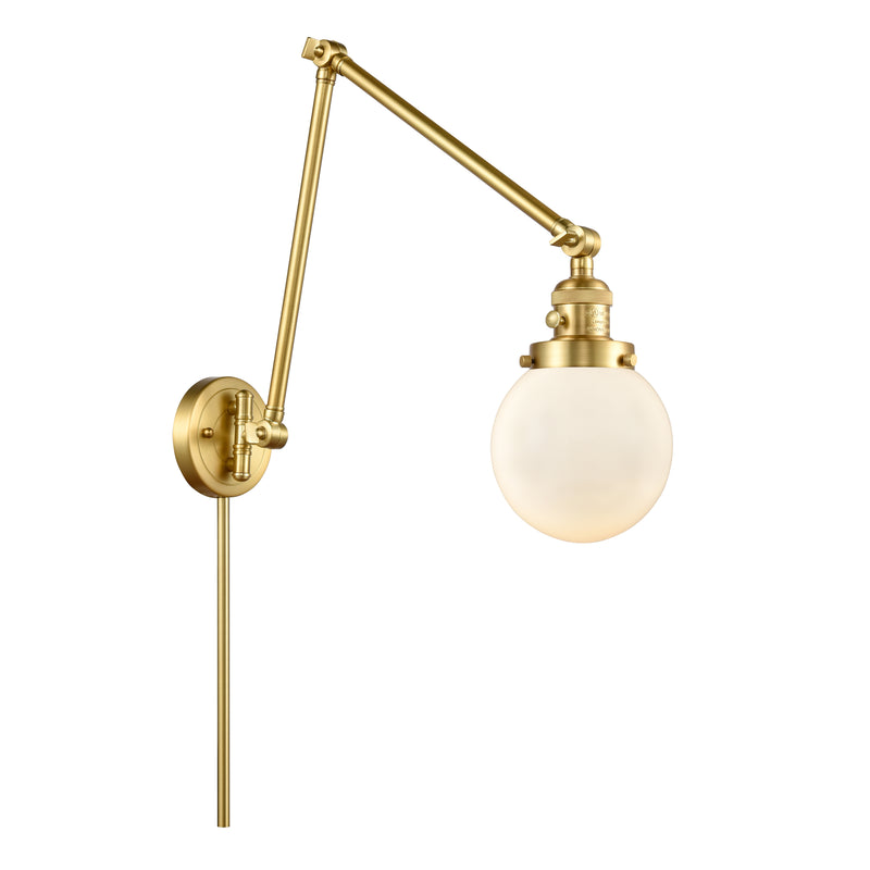 Beacon Swing Arm shown in the Satin Gold finish with a Matte White shade