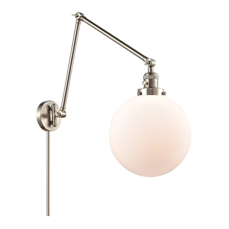 Beacon Swing Arm shown in the Brushed Satin Nickel finish with a Matte White shade