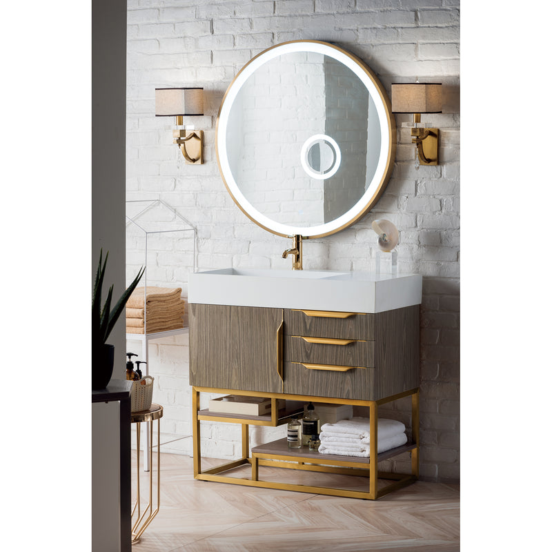 James Martin Columbia 36" Single Vanity Ash Gray Radiant Gold with Glossy White Composite Top 388-V36-AGR-RG-GW