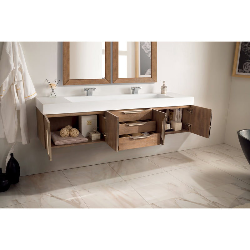 James Martin Mercer Island 72" Double Vanity Latte Oak with Glossy White Composite Top 389-V72D-LTO-A-GW