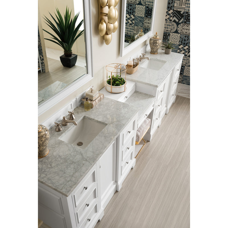 James Martin De Soto 118" Double Vanity Set Bright White with Makeup Table 3 cm Carrara Marble Top 825-V118-BW-DU-CAR