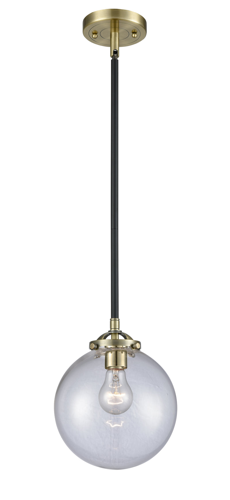 Innovations Lighting Beacon 1-100 watt 8 inch Black Antique Brass Mini Pendant with Clear glass and Solid Brass Hang Straight Swivel 2841SBABG2028