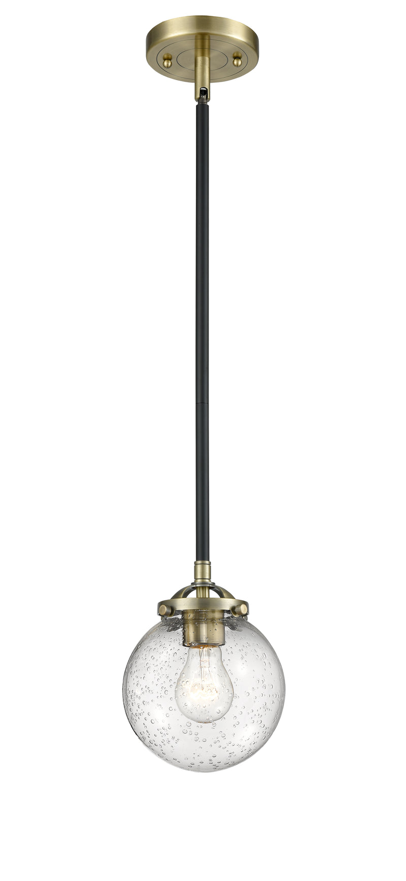 Innovations Lighting Beacon 1-80 watt 6 inch Black Antique Brass Mini Pendant with Seedy glass and Solid Brass Hang Straight Swivel 2841SBABG2046