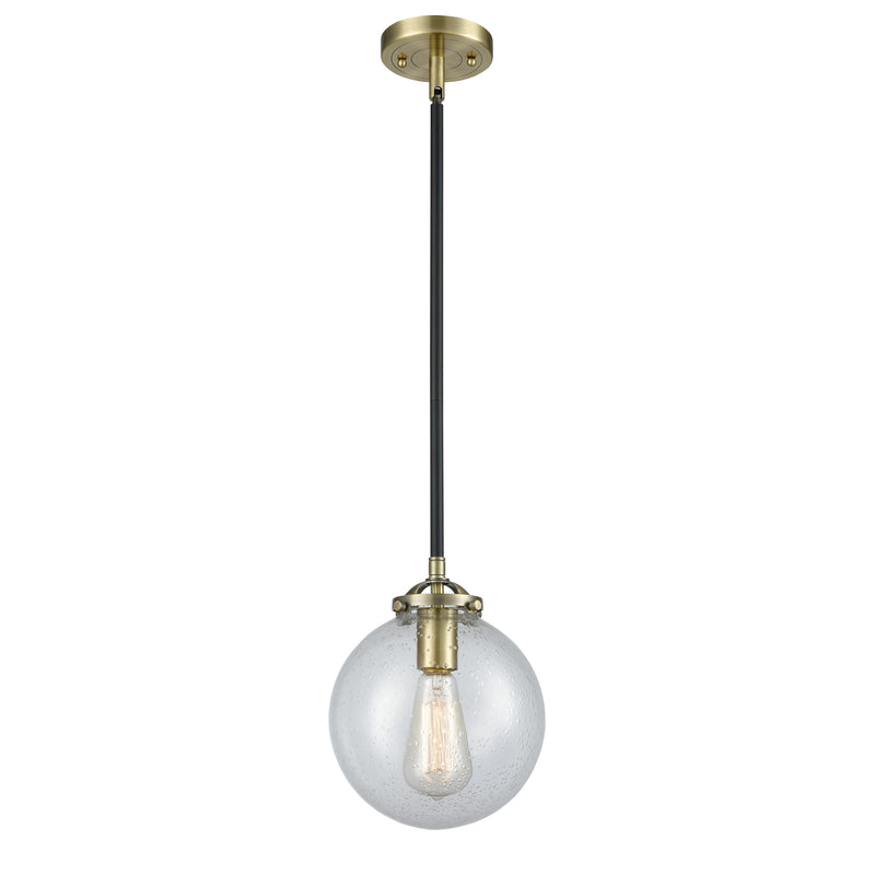 Beacon Mini Pendant shown in the Black Antique Brass finish with a Seedy shade