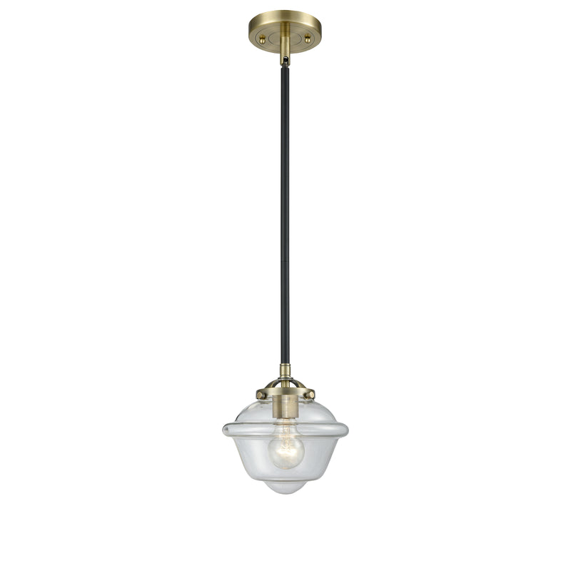 Oxford Mini Pendant shown in the Black Antique Brass finish with a Clear shade