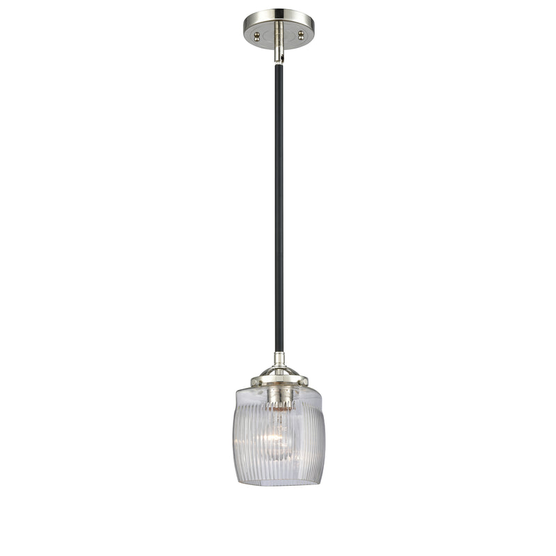 Colton Mini Pendant shown in the Black Polished Nickel finish with a Clear Halophane shade