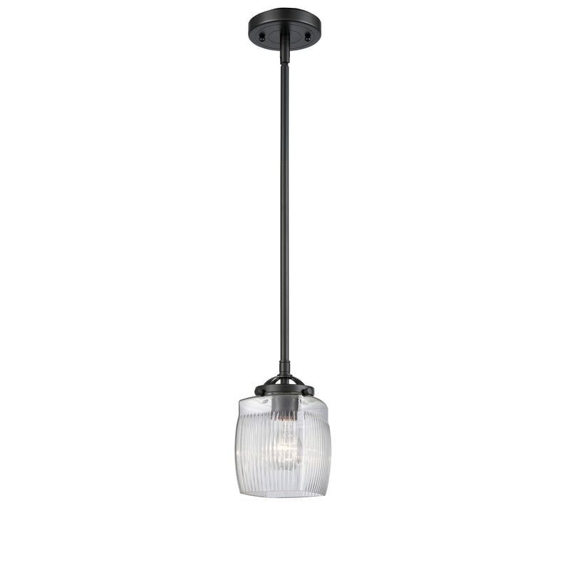 Colton Mini Pendant shown in the Oil Rubbed Bronze finish with a Clear Halophane shade