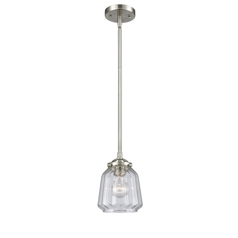 Chatham Mini Pendant shown in the Brushed Satin Nickel finish with a Clear shade