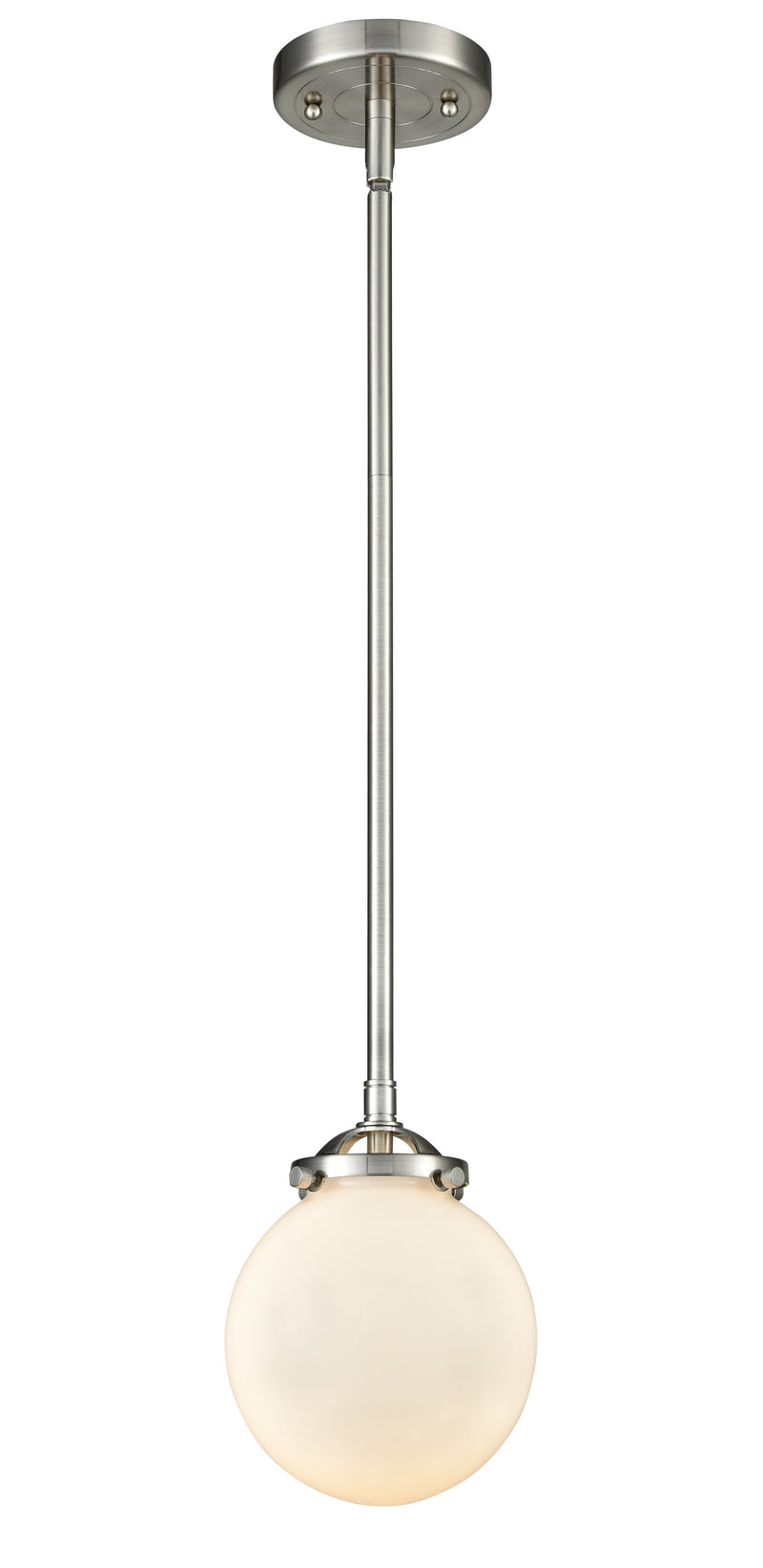 Innovations Lighting Beacon 1-80 watt 6 inch Brushed Satin Nickel Mini Pendant with Gloss White glass and Solid Brass Hang Straight Swivel 2841SSNG2016