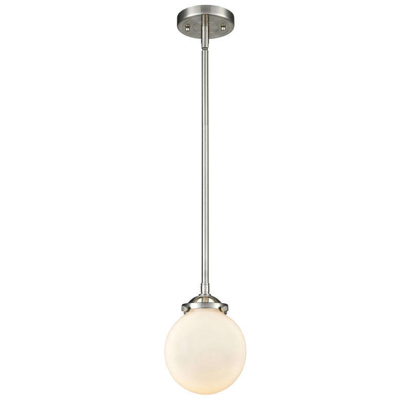 Beacon Mini Pendant shown in the Brushed Satin Nickel finish with a Matte White shade