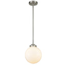 Beacon Mini Pendant shown in the Brushed Satin Nickel finish with a Matte White shade