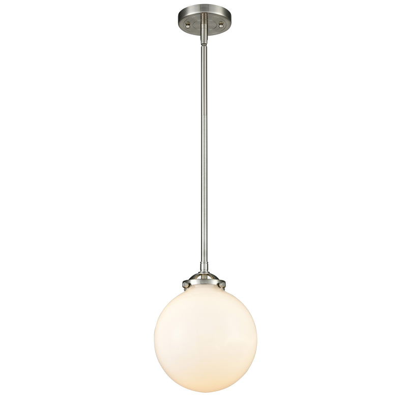 Beacon Mini Pendant shown in the Brushed Satin Nickel finish with a Matte White shade