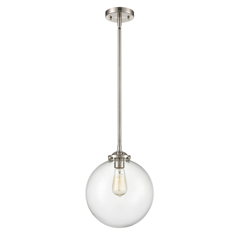 Beacon Mini Pendant shown in the Brushed Satin Nickel finish with a Clear shade