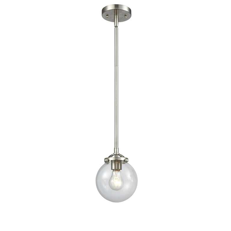 Beacon Mini Pendant shown in the Brushed Satin Nickel finish with a Clear shade