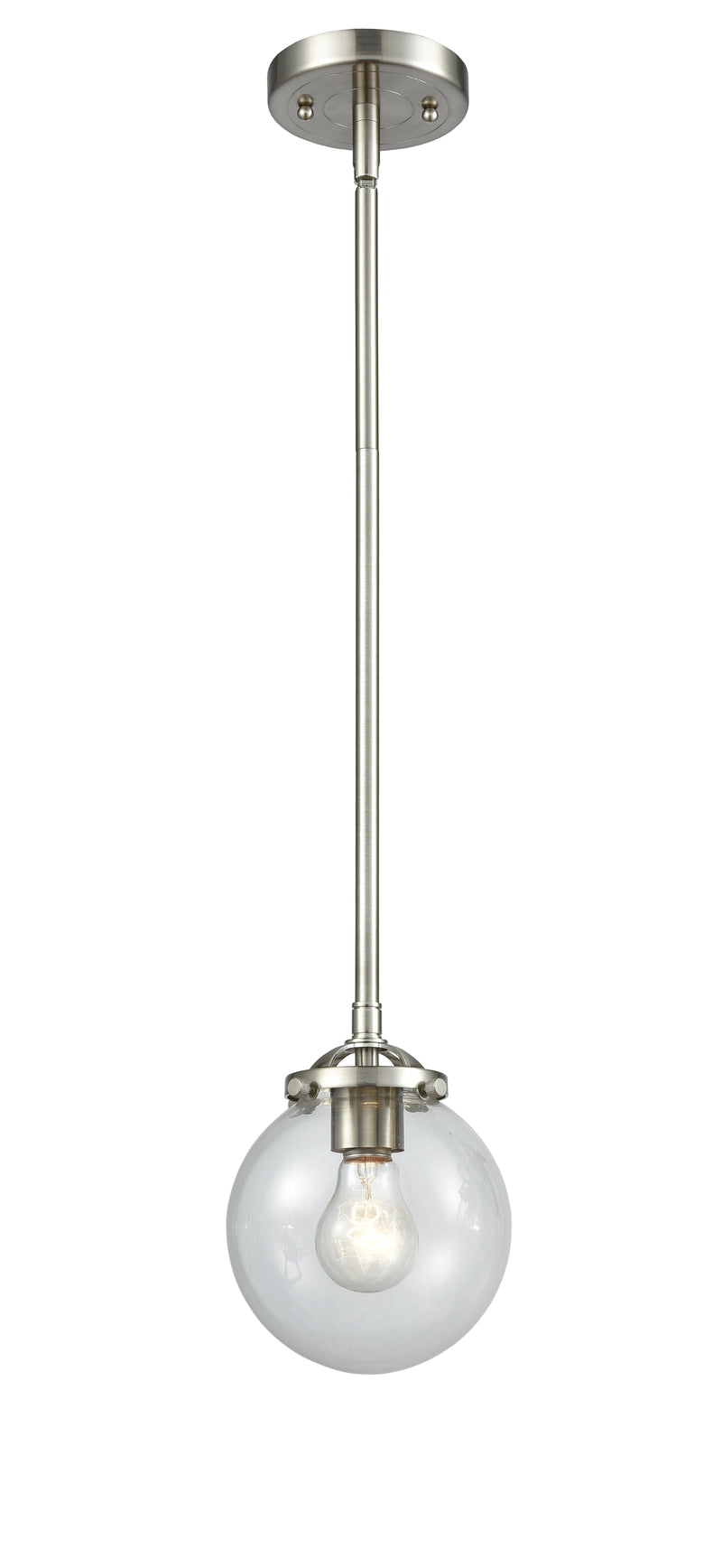 Innovations Lighting Beacon 1-80 watt 6 inch Brushed Satin Nickel Mini Pendant with Clear glass and Solid Brass Hang Straight Swivel 2841SSNG2026