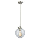 Beacon Mini Pendant shown in the Brushed Satin Nickel finish with a Clear shade