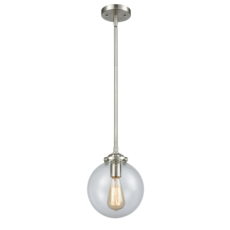 Beacon Mini Pendant shown in the Brushed Satin Nickel finish with a Clear shade