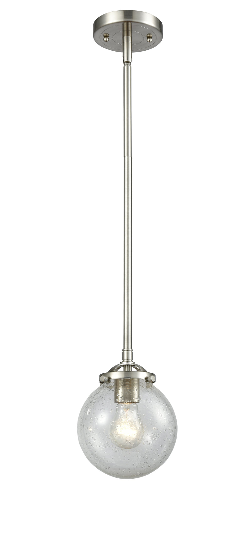 Innovations Lighting Beacon 1-80 watt 6 inch Brushed Satin Nickel Mini Pendant with Seedy glass and Solid Brass Hang Straight Swivel 2841SSNG2046