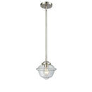 Oxford Mini Pendant shown in the Brushed Satin Nickel finish with a Clear shade