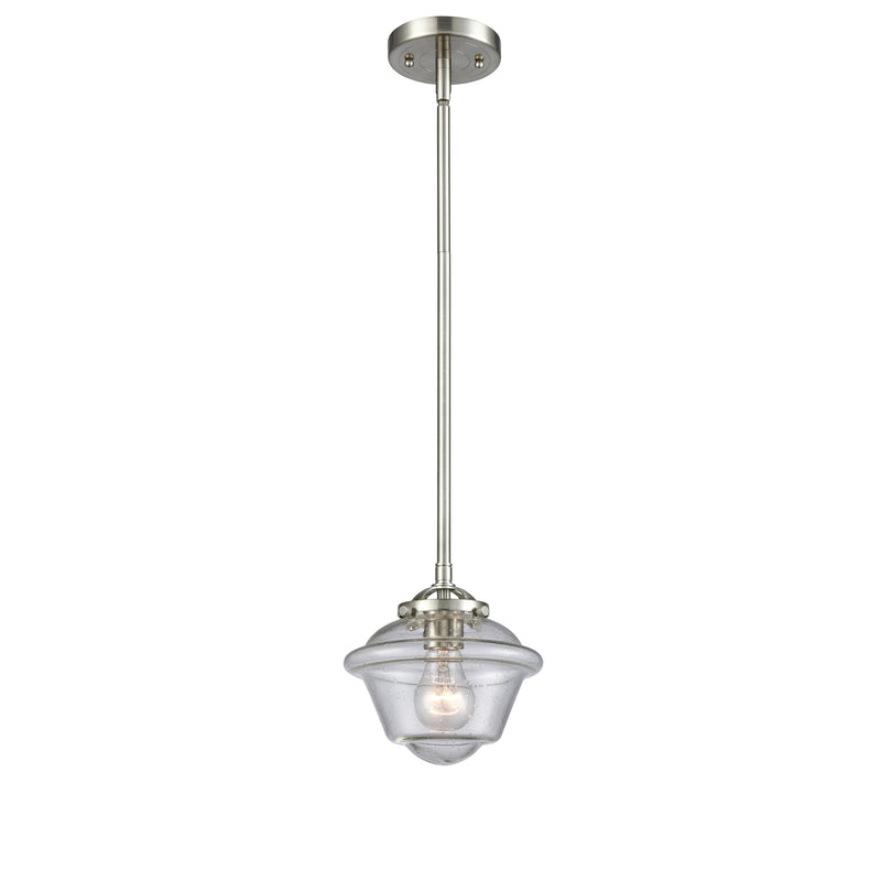 Oxford Mini Pendant shown in the Brushed Satin Nickel finish with a Seedy shade