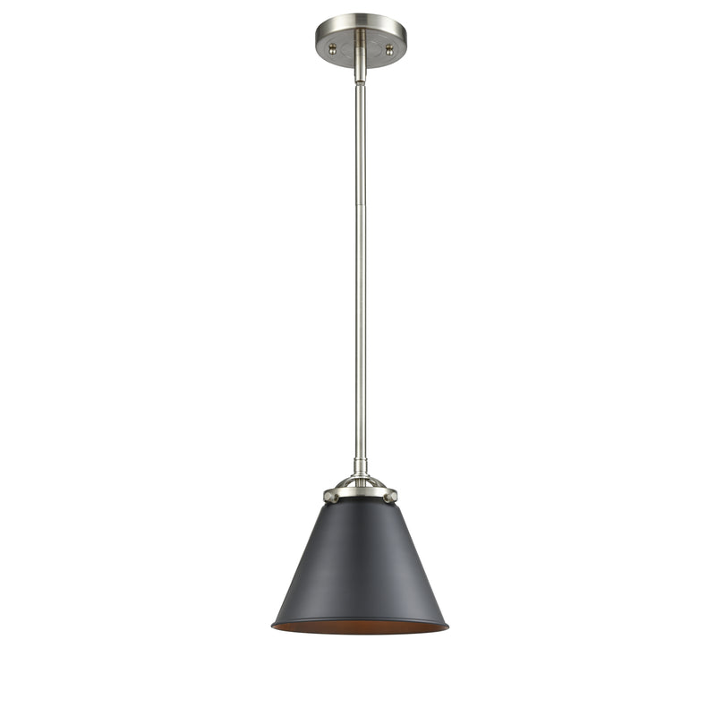 Appalachian Mini Pendant shown in the Brushed Satin Nickel finish with a Matte Black shade