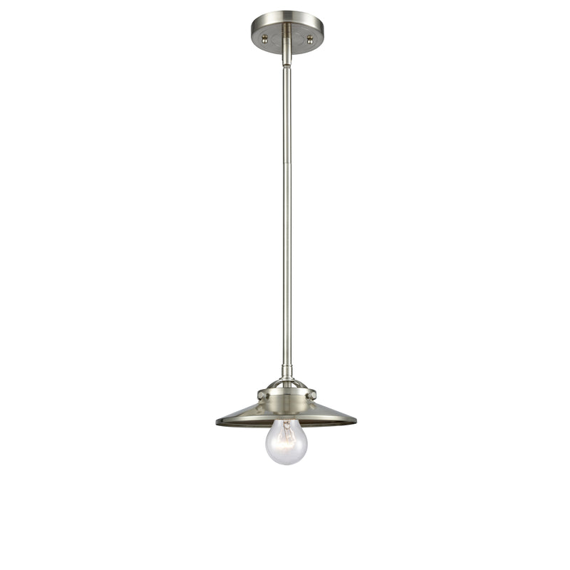 Railroad Mini Pendant shown in the Brushed Satin Nickel finish with a Brushed Satin Nickel shade