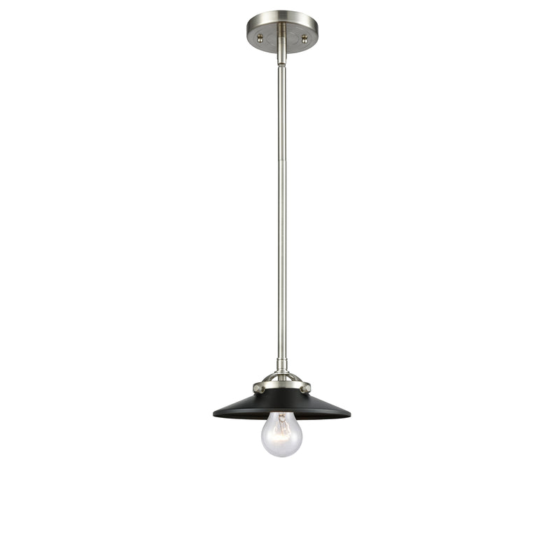 Railroad Mini Pendant shown in the Brushed Satin Nickel finish with a Matte Black shade