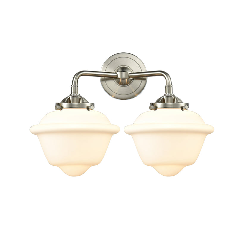 Oxford Bath Vanity Light shown in the Brushed Satin Nickel finish with a Matte White shade