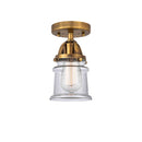 Canton Semi-Flush Mount shown in the Brushed Brass finish with a Clear shade