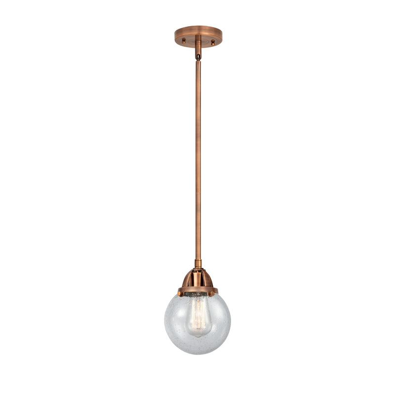 Beacon Mini Pendant shown in the Antique Copper finish with a Seedy shade