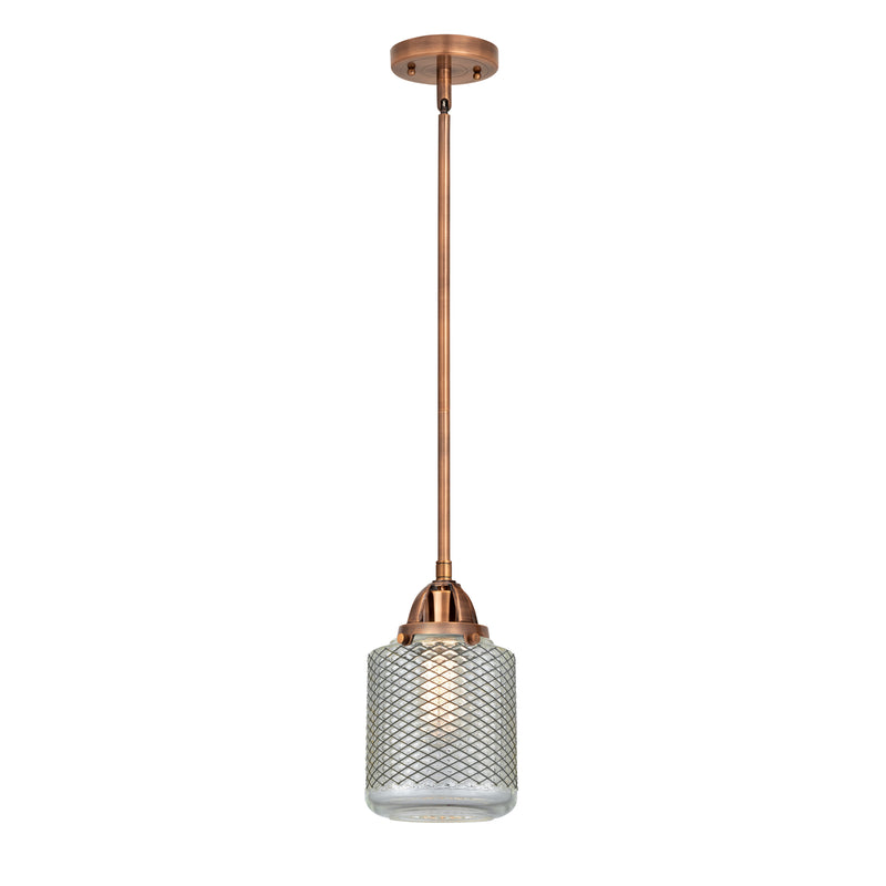 Stanton Mini Pendant shown in the Antique Copper finish with a Clear Wire Mesh shade