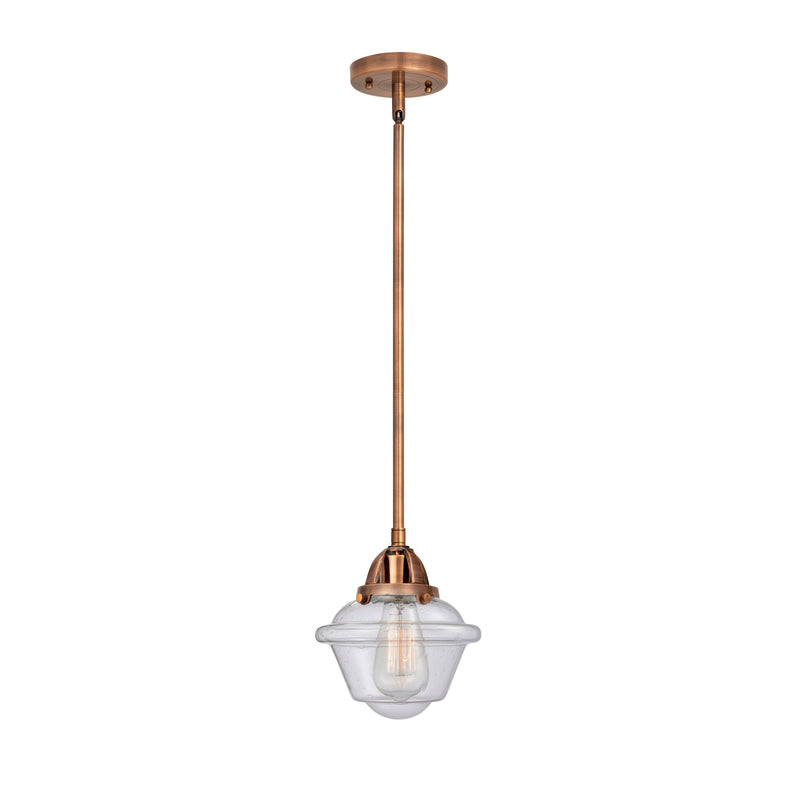 Oxford Mini Pendant shown in the Antique Copper finish with a Seedy shade