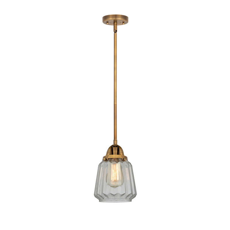 Chatham Mini Pendant shown in the Brushed Brass finish with a Clear shade