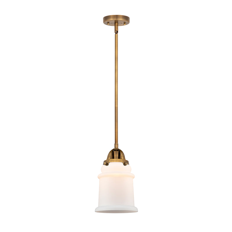 Canton Mini Pendant shown in the Brushed Brass finish with a Matte White shade