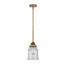 Canton Mini Pendant shown in the Brushed Brass finish with a Seedy shade