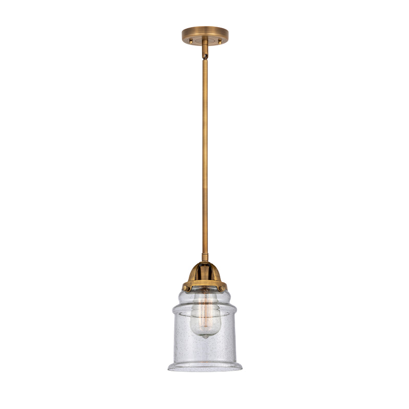 Canton Mini Pendant shown in the Brushed Brass finish with a Seedy shade