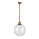 Beacon Mini Pendant shown in the Brushed Brass finish with a Seedy shade