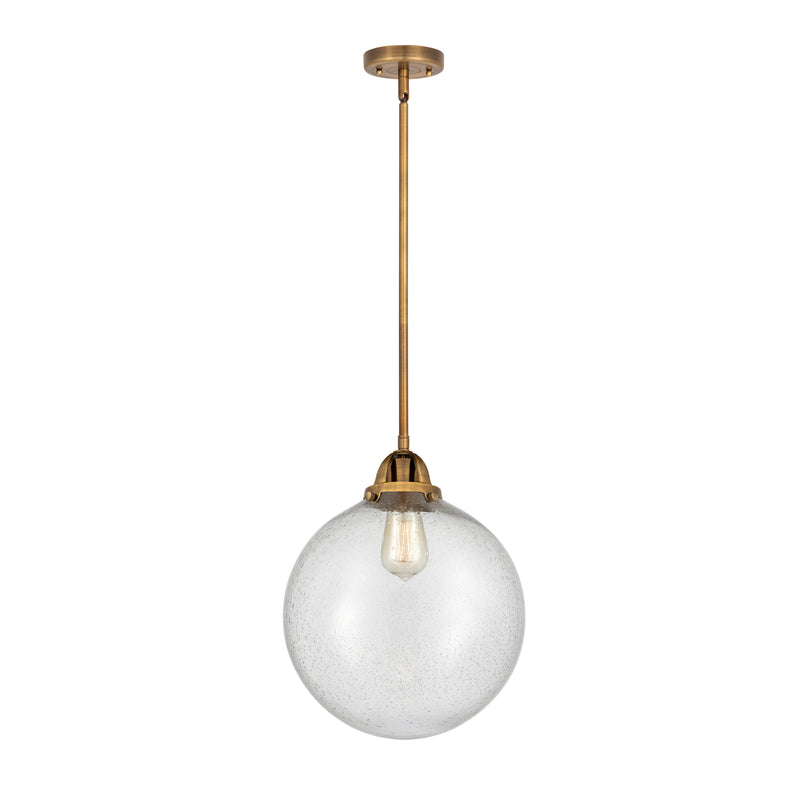 Beacon Mini Pendant shown in the Brushed Brass finish with a Seedy shade