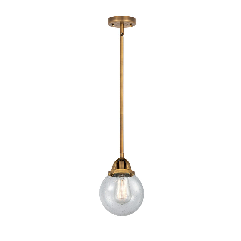 Beacon Mini Pendant shown in the Brushed Brass finish with a Seedy shade