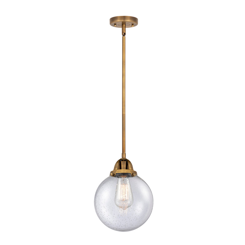 Beacon Mini Pendant shown in the Brushed Brass finish with a Seedy shade