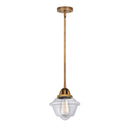 Oxford Mini Pendant shown in the Brushed Brass finish with a Clear shade