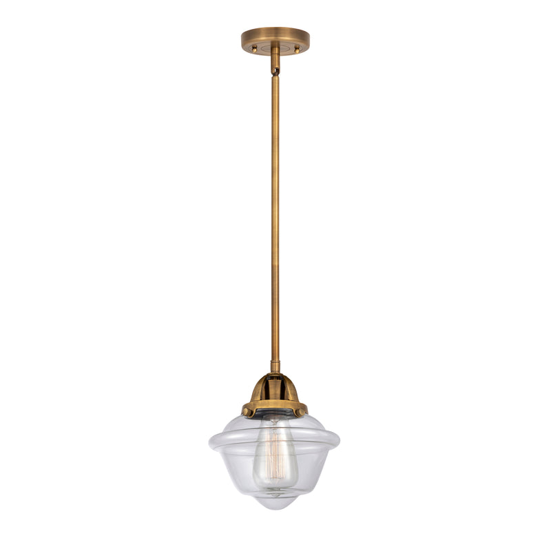 Oxford Mini Pendant shown in the Brushed Brass finish with a Clear shade