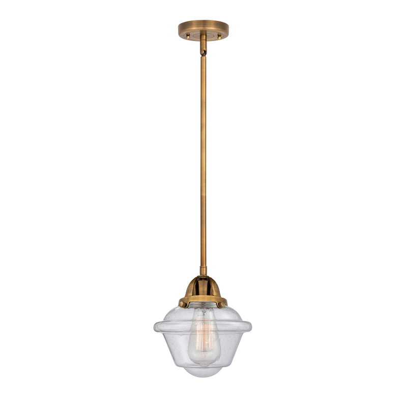 Oxford Mini Pendant shown in the Brushed Brass finish with a Seedy shade