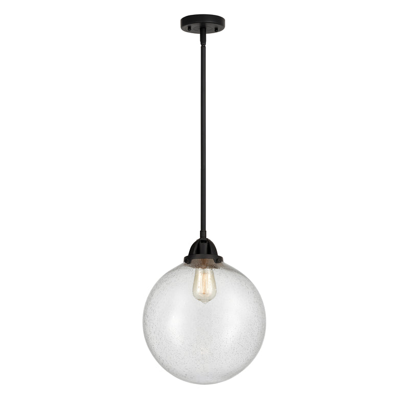 Beacon Mini Pendant shown in the Matte Black finish with a Seedy shade