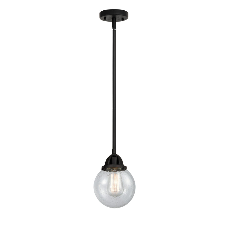 Beacon Mini Pendant shown in the Matte Black finish with a Seedy shade